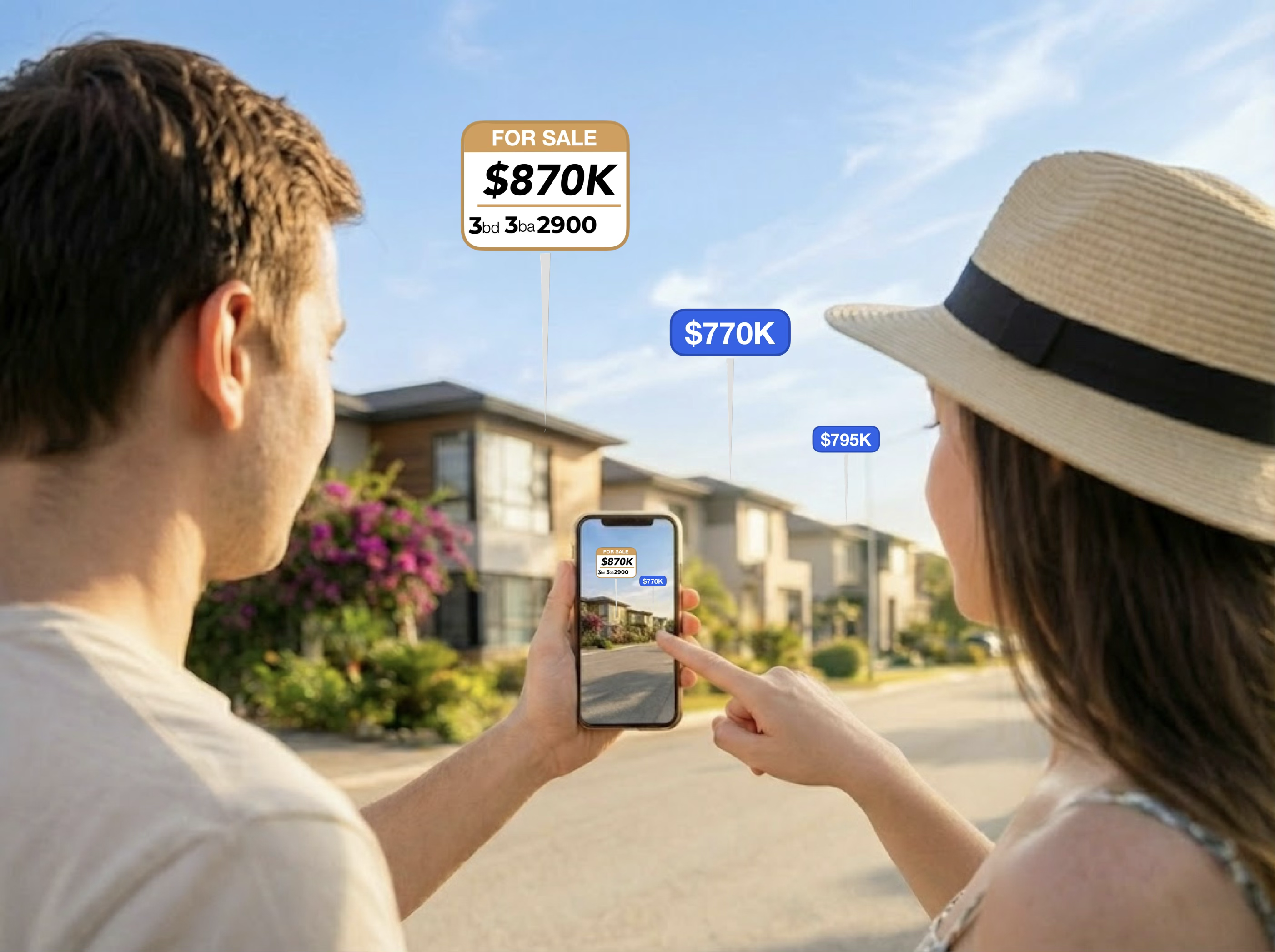Couple looking at HouseQuest on a phone with beacons