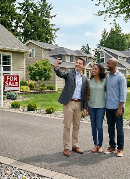 Kyle Zwart with clients on a driveway using HouseQuest