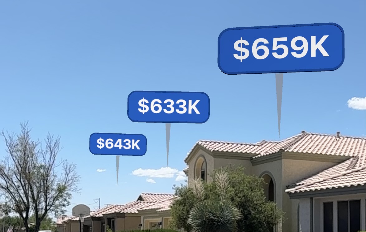 HouseQuest estimate beacons displayed over homes on a residential street