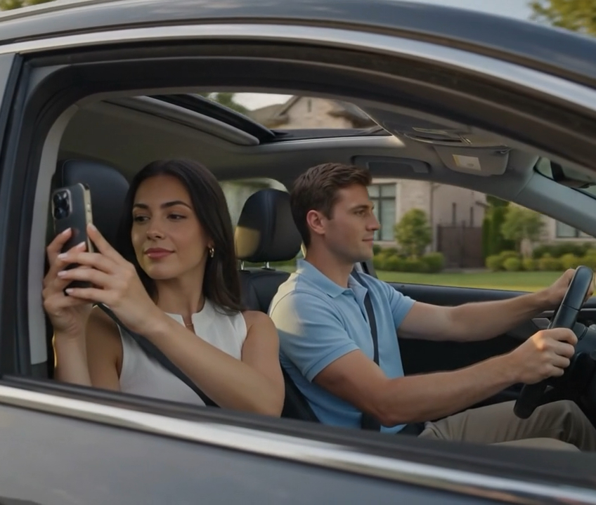Passenger using HouseQuest on a phone while driving through a neighborhood
