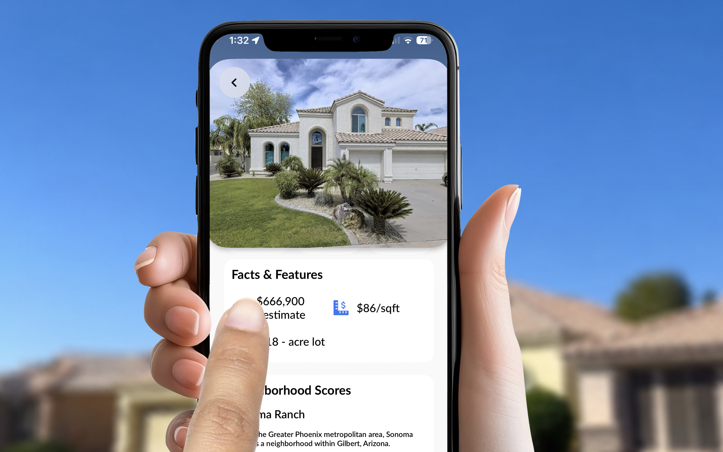 Woman tapping a HouseQuest details screen on her phone